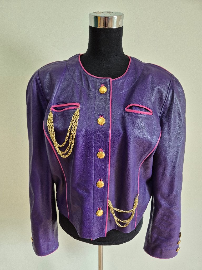 Jas77 - Paars vintage Vo You leren jasje met roze bies mt 42, Ophalen of Verzenden, Zo goed als nieuw, Maat 42/44 (L), Paars