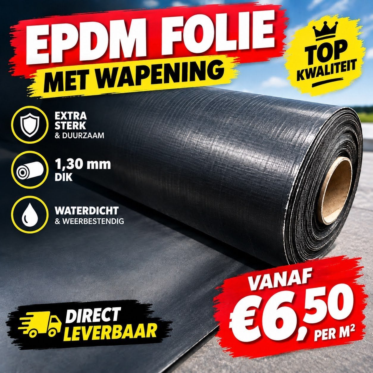 EPDM Folie met Wapening 1,30 mm NU vanaf € 6,50 per m², Ophalen, Overige materialen, Zwart, Nieuw