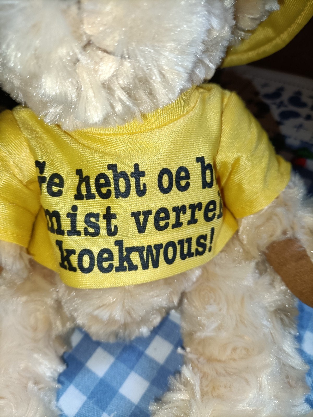 Maaskantje beer knuffel "Ge hebt oe bus gemist verrekte Koek, Ophalen of Verzenden, Zo goed als nieuw, Stoffen beer, Overige merken