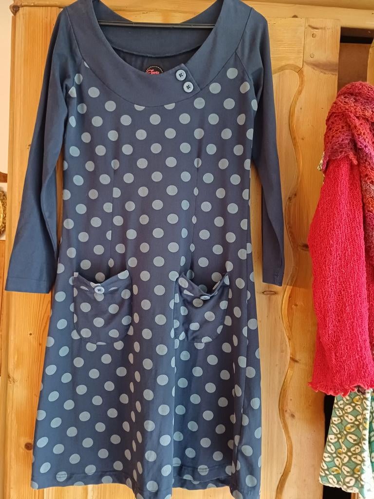 Leuke blauwe jurk met stippen tante betsy maat l xl, Blauw, Maat 46/48 (XL) of groter, Ophalen of Verzenden, Zo goed als nieuw