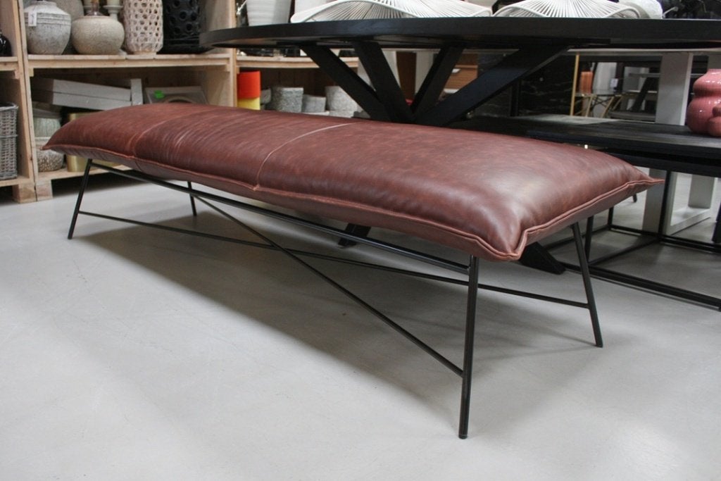 Luxe bank eetkamerbank Vidar Jess design metaal & leer, Ophalen, Bruin, Leer, Zo goed als nieuw