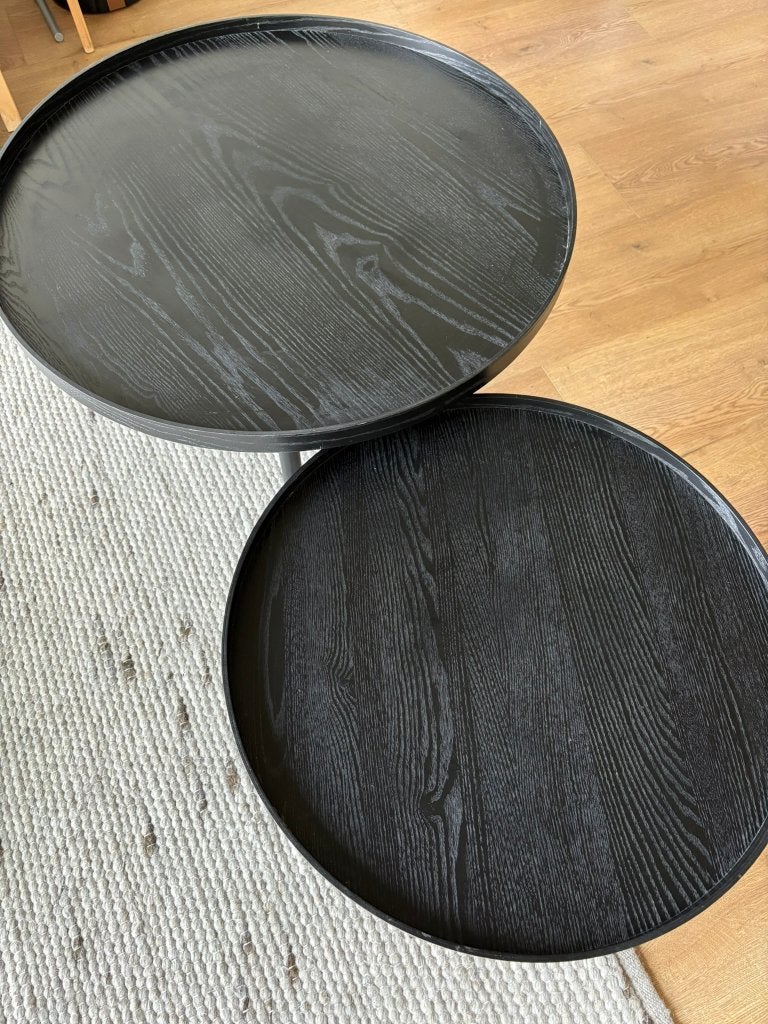 Set van 2 ronde zwarte salontafels Woood Mesa (XL & L), Ophalen, Gebruikt, 50 tot 100 cm, Rond