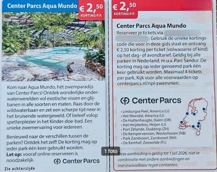 Center Parcs Aquamundo € 2,50 korting p.p., Tickets en Kaartjes, Drie personen of meer, Kortingsbon, Bungalowpark