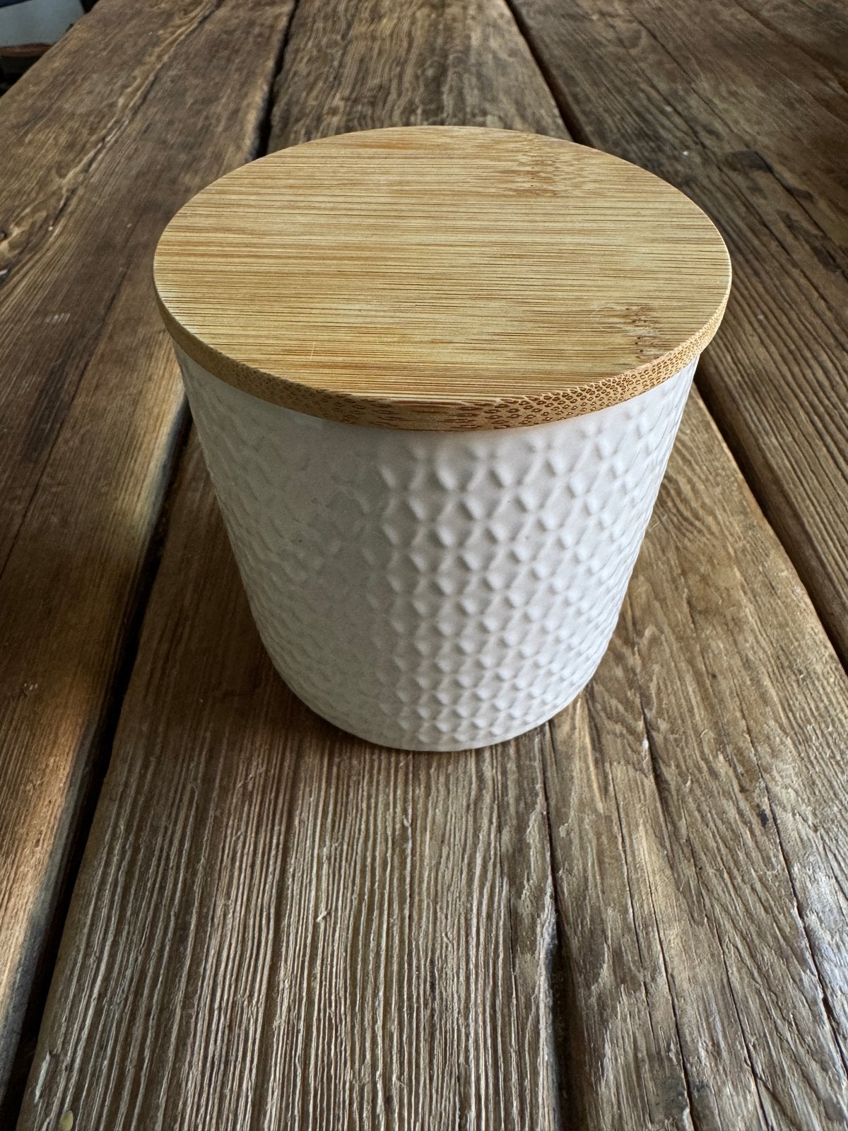 voorraadpot keramiek met bamboe deksel, Ophalen of Verzenden, Zo goed als nieuw, Modern, Wit