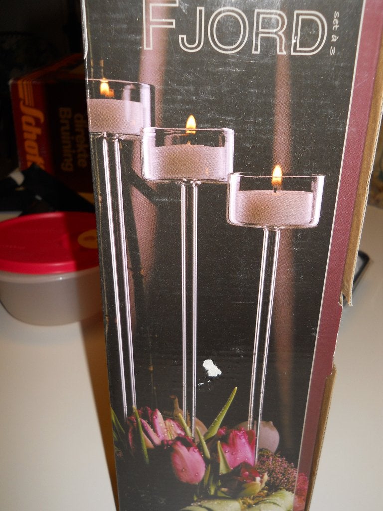 3 waxinelichthouders om in bloemstuk / kerststuk te steken, Ophalen, Nieuw, Glas, 33 cm