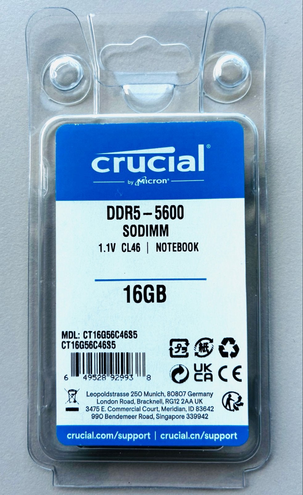 Crucial DDR5-5600 SODIMM 16GB Laptop Geheugen Nieuw, Computers en Software, RAM geheugen, Nieuw, Ophalen of Verzenden, DDR5, Laptop