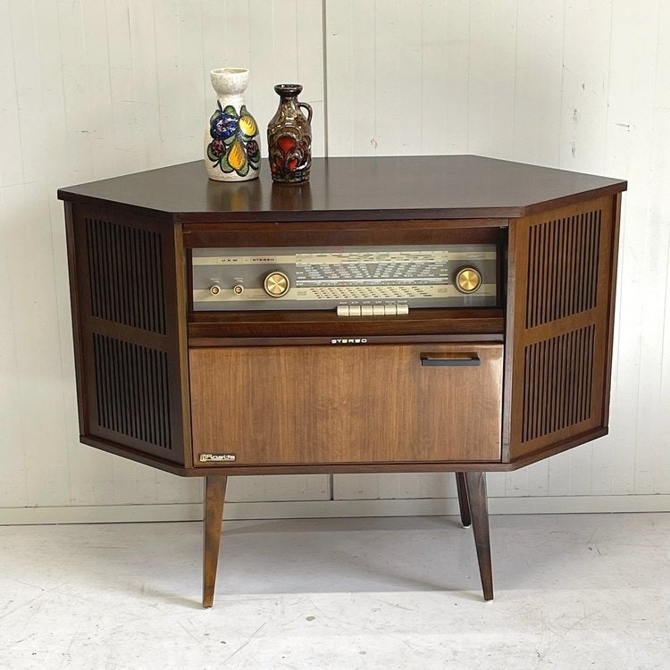 Vintage radiomeubel audiomeubel mid-century kast met boekje, Ophalen