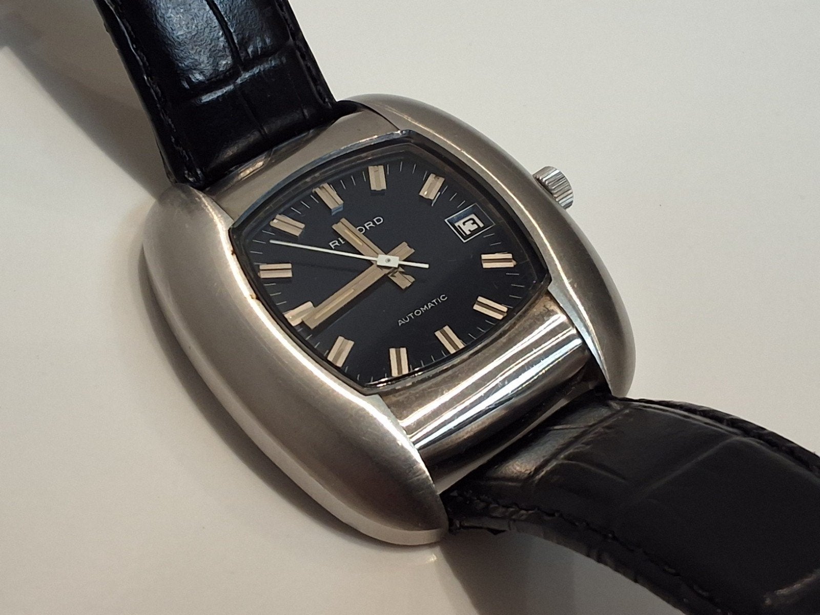Vintage Record horloge jaren '70 - Blauwe wijzerplaat, Staal, Met bandje, Verzenden, Polshorloge