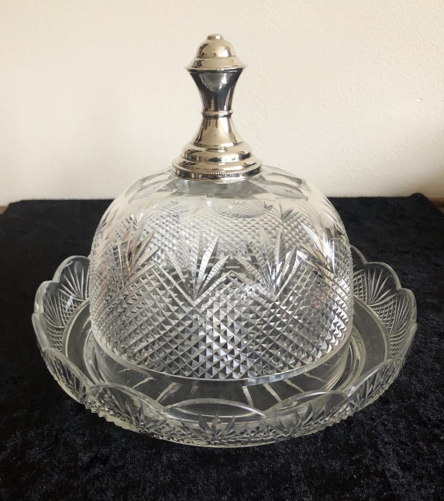 Antieke kaasstolp, ruit / waaier kristal met zilveren knop, Antiek en Kunst, Ophalen of Verzenden