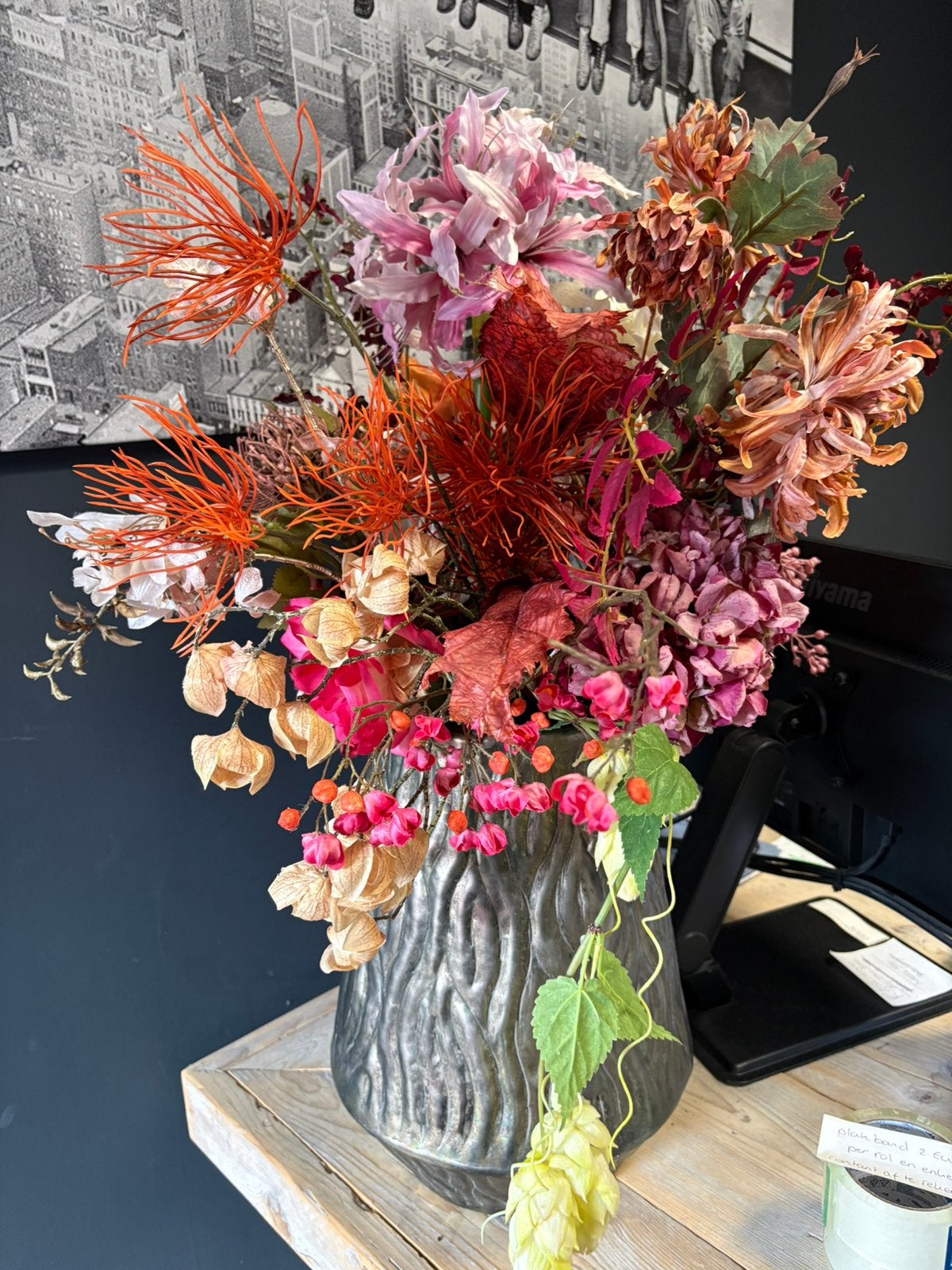 Ptmd prachtig groot kunstbloemen boeket met vaas, Nieuw, 79 cm, Ophalen of Verzenden, Kunststof