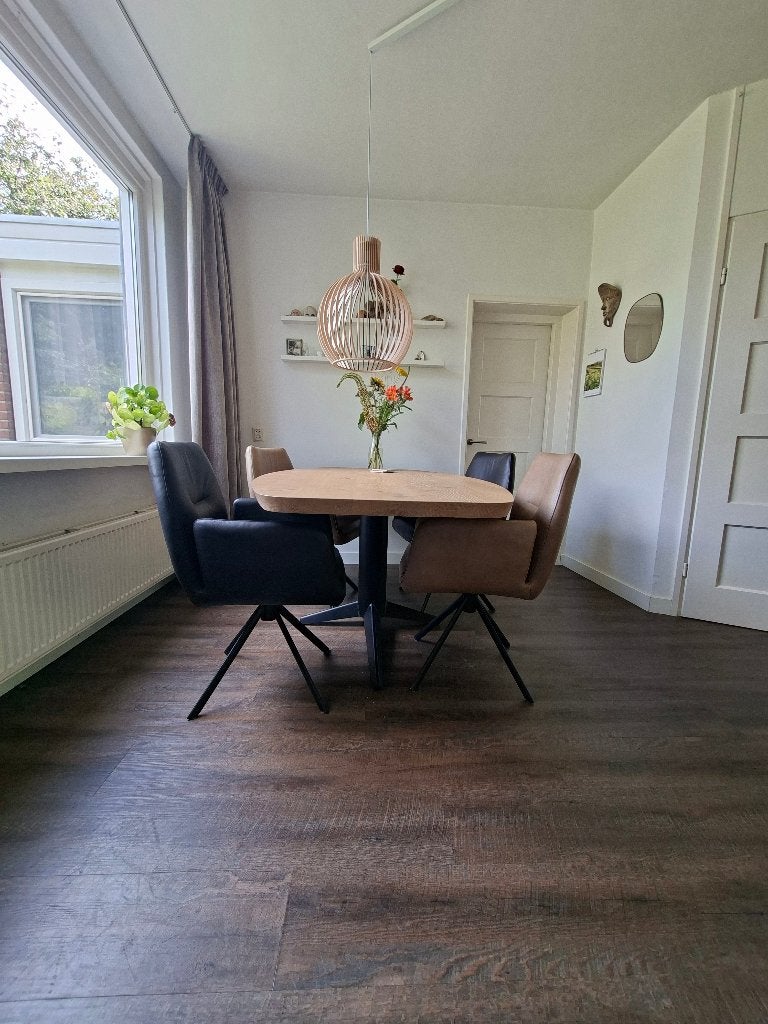 Tafel Deens half ovaal eiken 200cm + 4 leren draaistoelen, Huis en Inrichting, Tafels | Eettafels, Ophalen, Eikenhout, 200 cm of meer