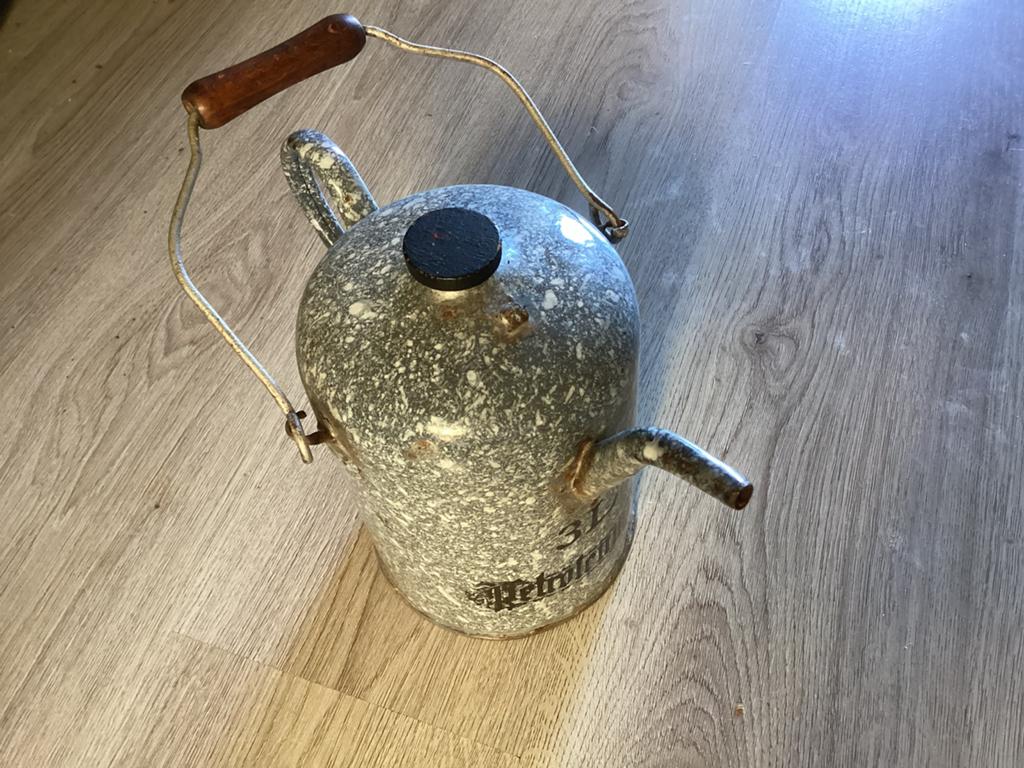 Vintage emaille petroleum kan 3L - Jaren '50 grijs gewolkt, Ophalen of Verzenden