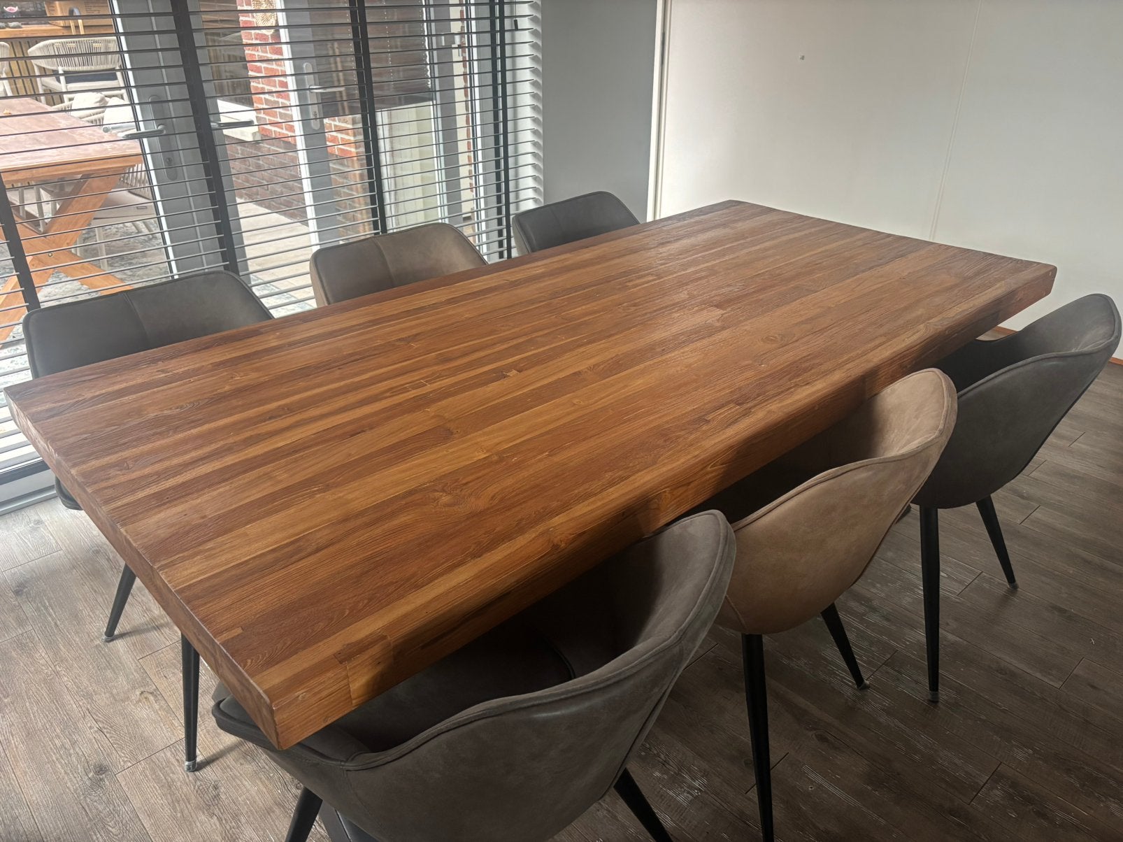 Robuuste eettafel met metalen onderstel, Ophalen, Gebruikt, Teakhout, 200 cm of meer