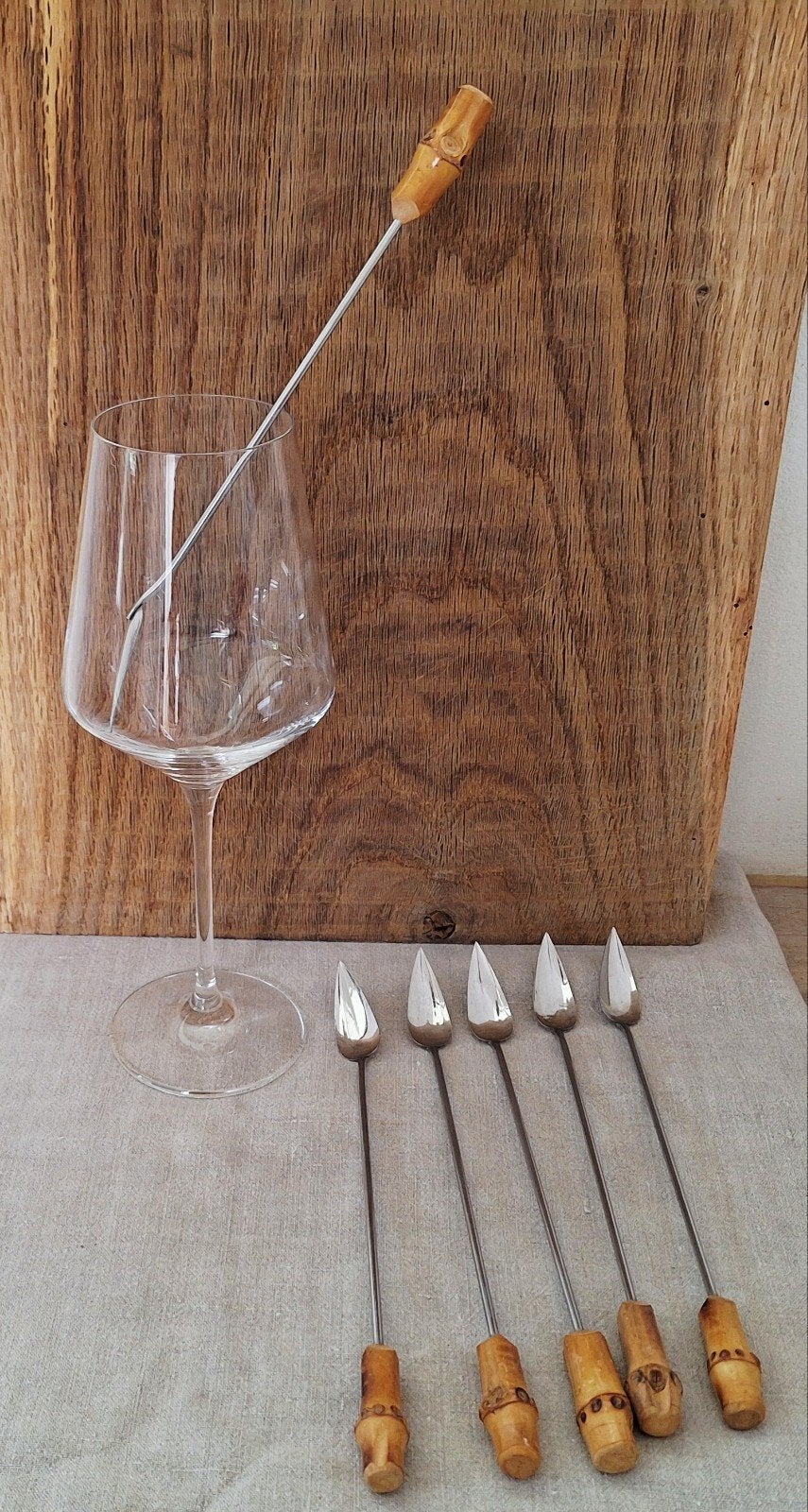 Set van 6 Vintage Cocktaillepels met Bamboe Handvat, Ophalen of Verzenden