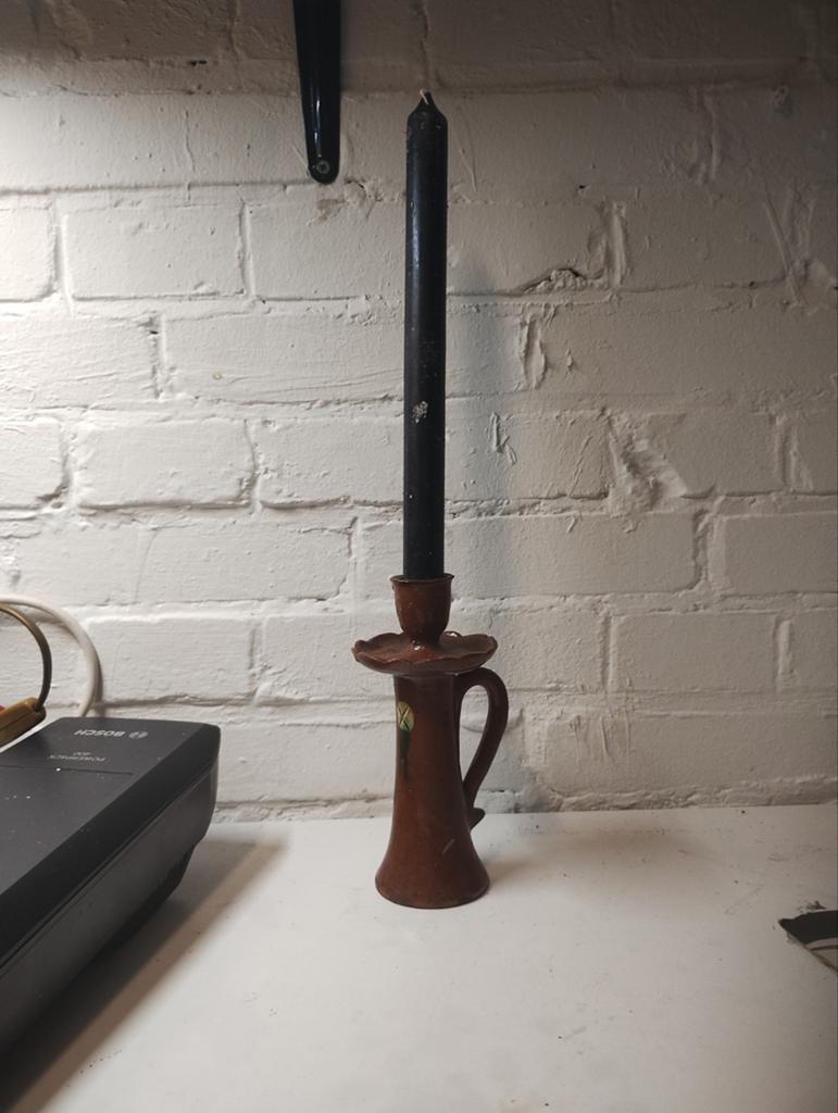 Vintage Aardewerken Kandelaar met Handvat, Antiek en Kunst, Ophalen of Verzenden, Keramiek of Aardewerk