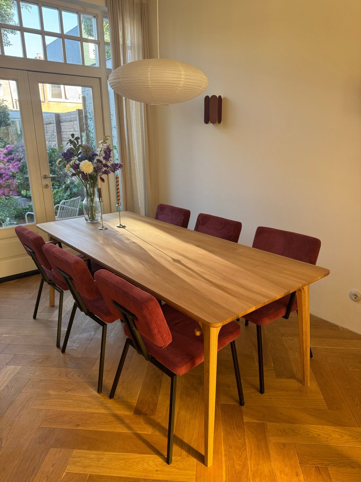 6 eetkamerstoelen, donkerrood rib, Huis en Inrichting, Stoelen, Ophalen, Zo goed als nieuw, Stof, Vijf, Zes of meer stoelen
