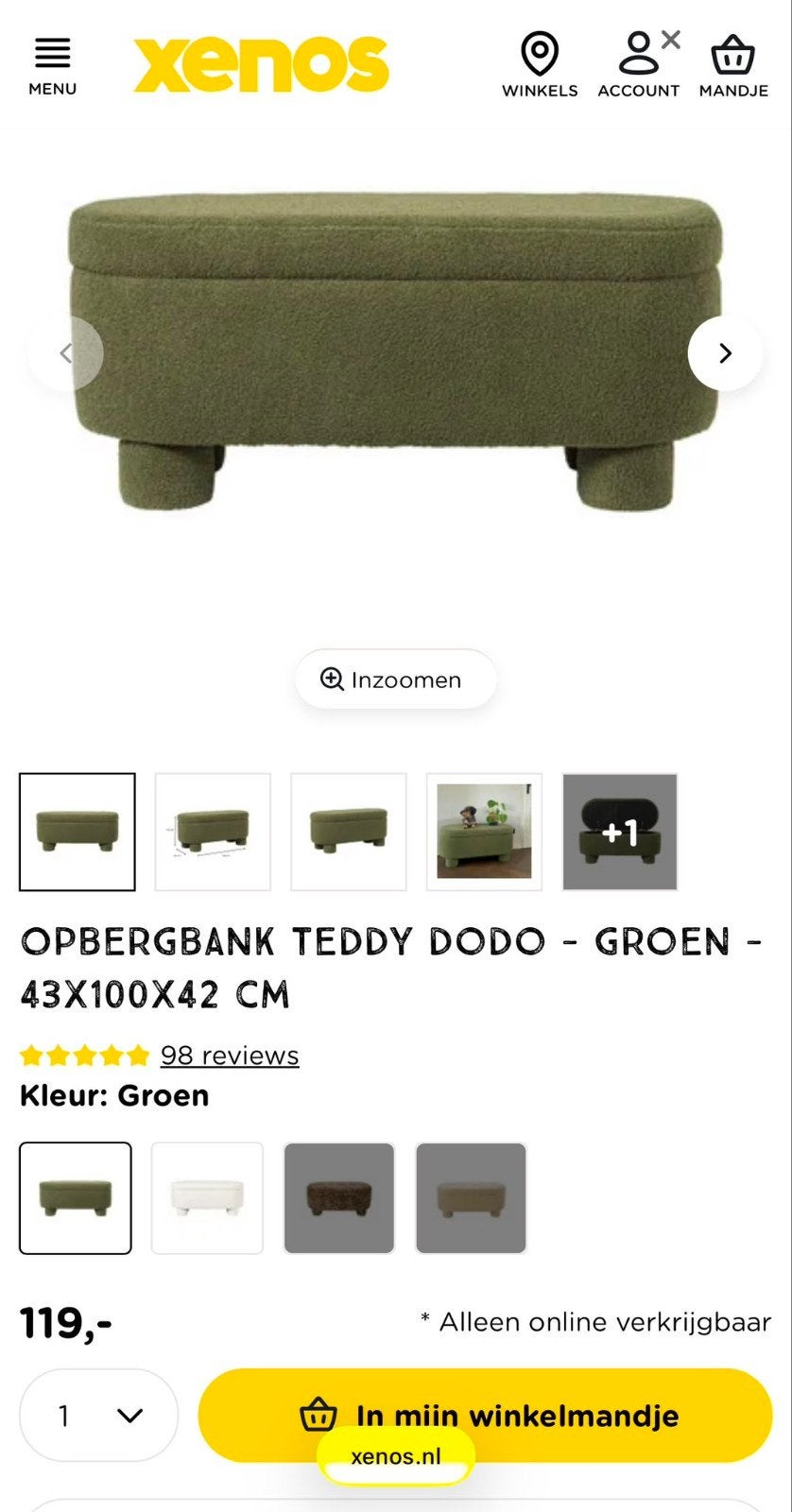 Xenos Opbergbank Teddy Dodo Groen, Ophalen, 100 tot 125 cm, Zo goed als nieuw, Modern, Teddy