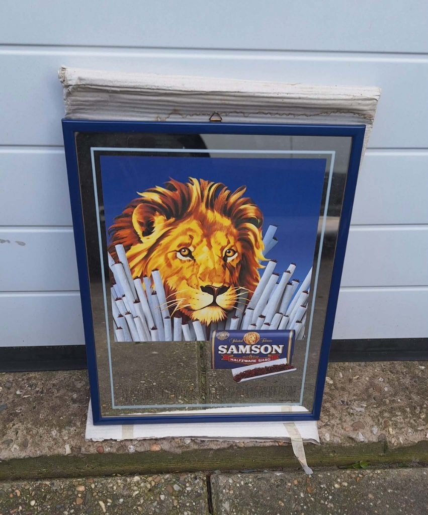 Vintage reclame spiegel van Samson halfzware shag., Ophalen, Reclamebord, ., Zo goed als nieuw