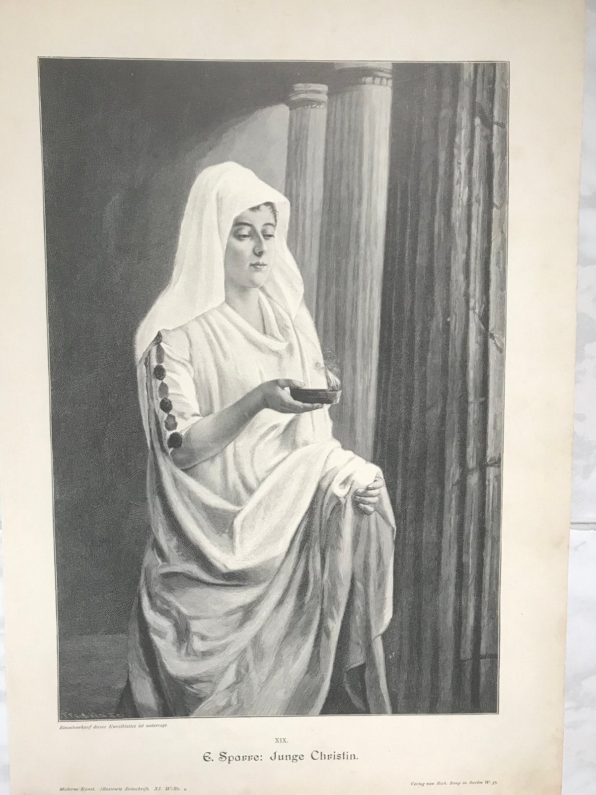 E. Sparre: Junge Christin, or. gravure 1890, beeld 32x22cm., 1800 - 1899, Portret, 22 cm, Ophalen of Verzenden