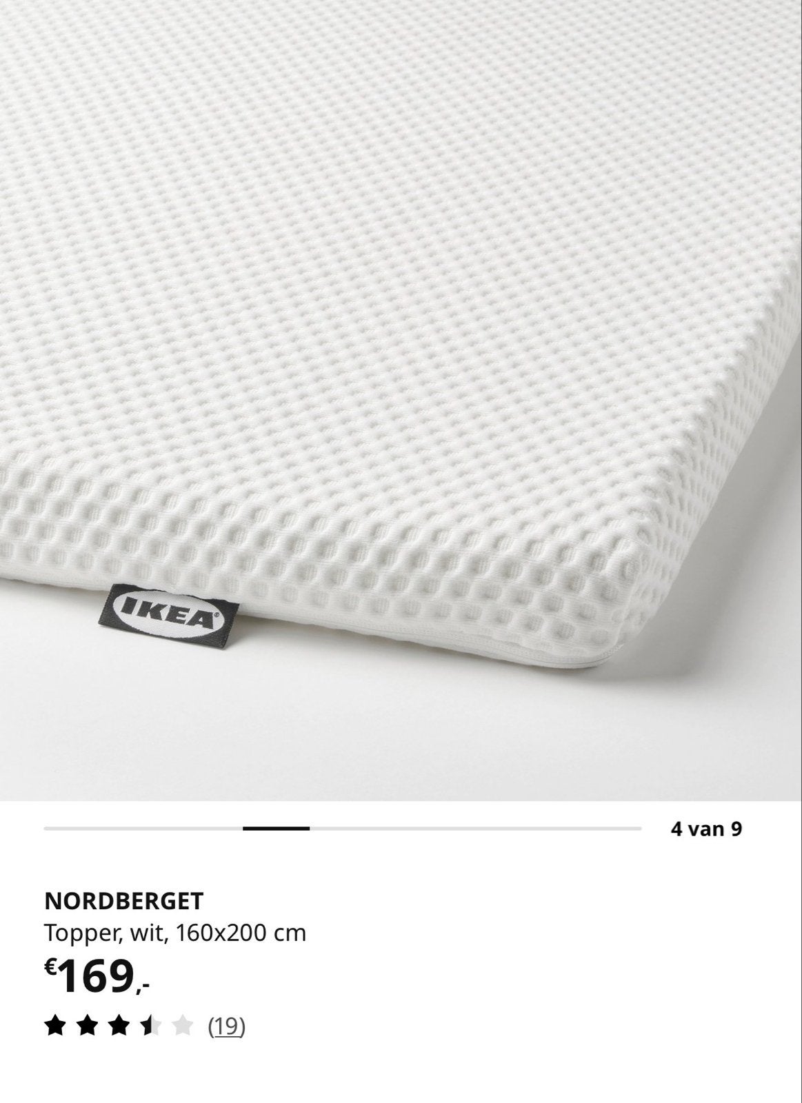 IKEA NORDBERGET Topper, wit, 160x200 cm (aankoop Jan 2026), Ophalen, Tweepersoons, Zo goed als nieuw, Matras