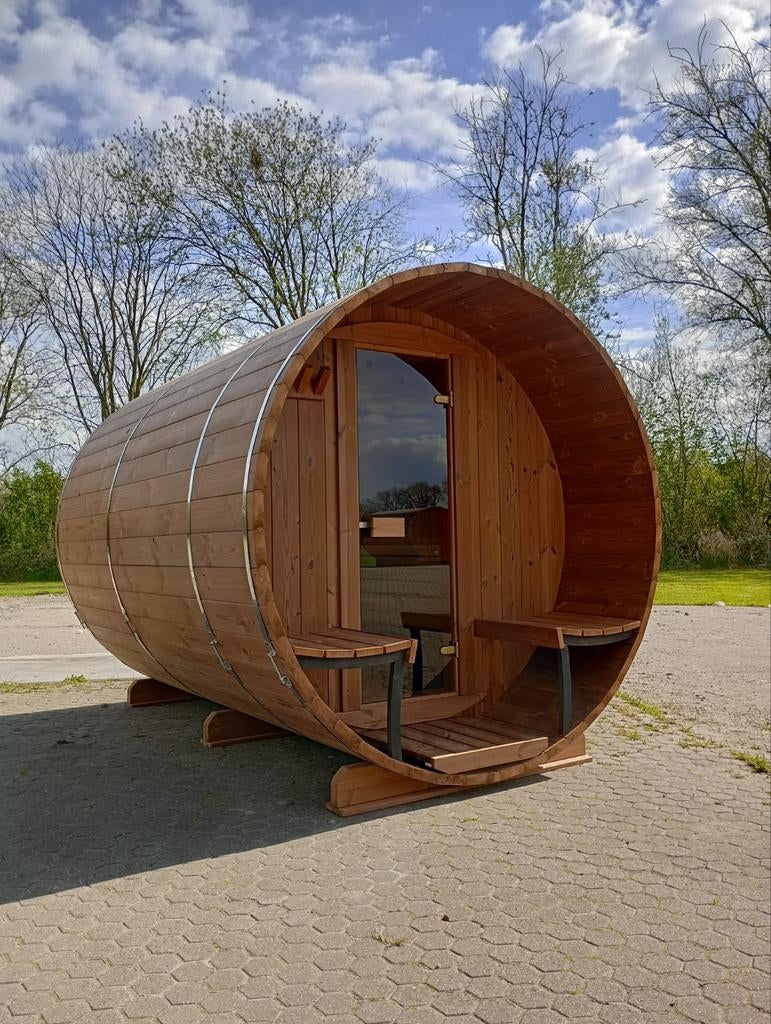Thermohout panorama barrel sauna 300 cm, terras, abachi bank, Sport en Fitness, Sauna, Ophalen, Fins of Traditioneel, Wellnessandgarden