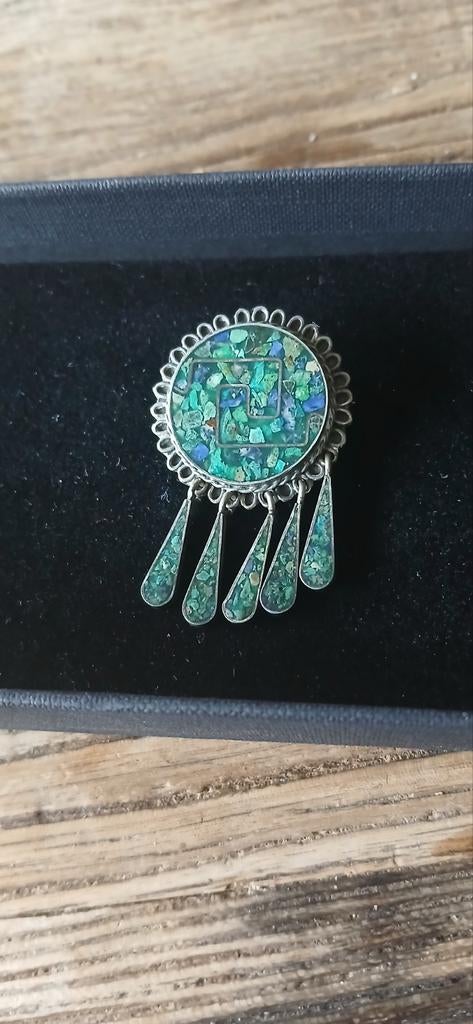 Antieke zilveren broche met turquoise ingelegde  stenen, Verzenden, Zo goed als nieuw, Met edelsteen, Zilver
