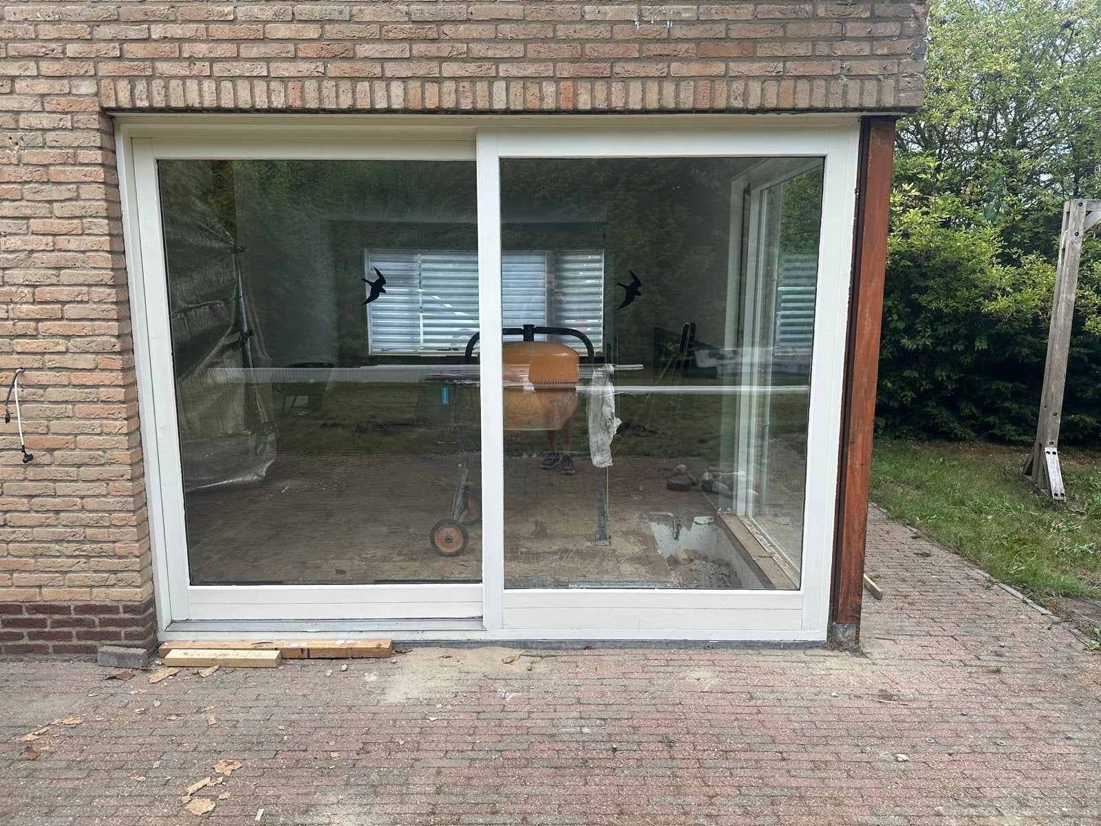 Witte Schuifpui met Dubbel Glas - 306x225cm, Ophalen, Kunststof, Zo goed als nieuw, Inclusief glas
