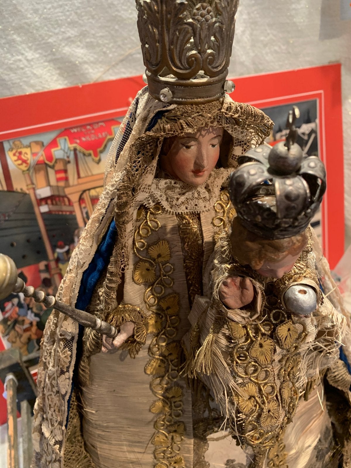 Antieke Madonna maria met Kind Beeld - Religieuze Kunst, Ophalen of Verzenden