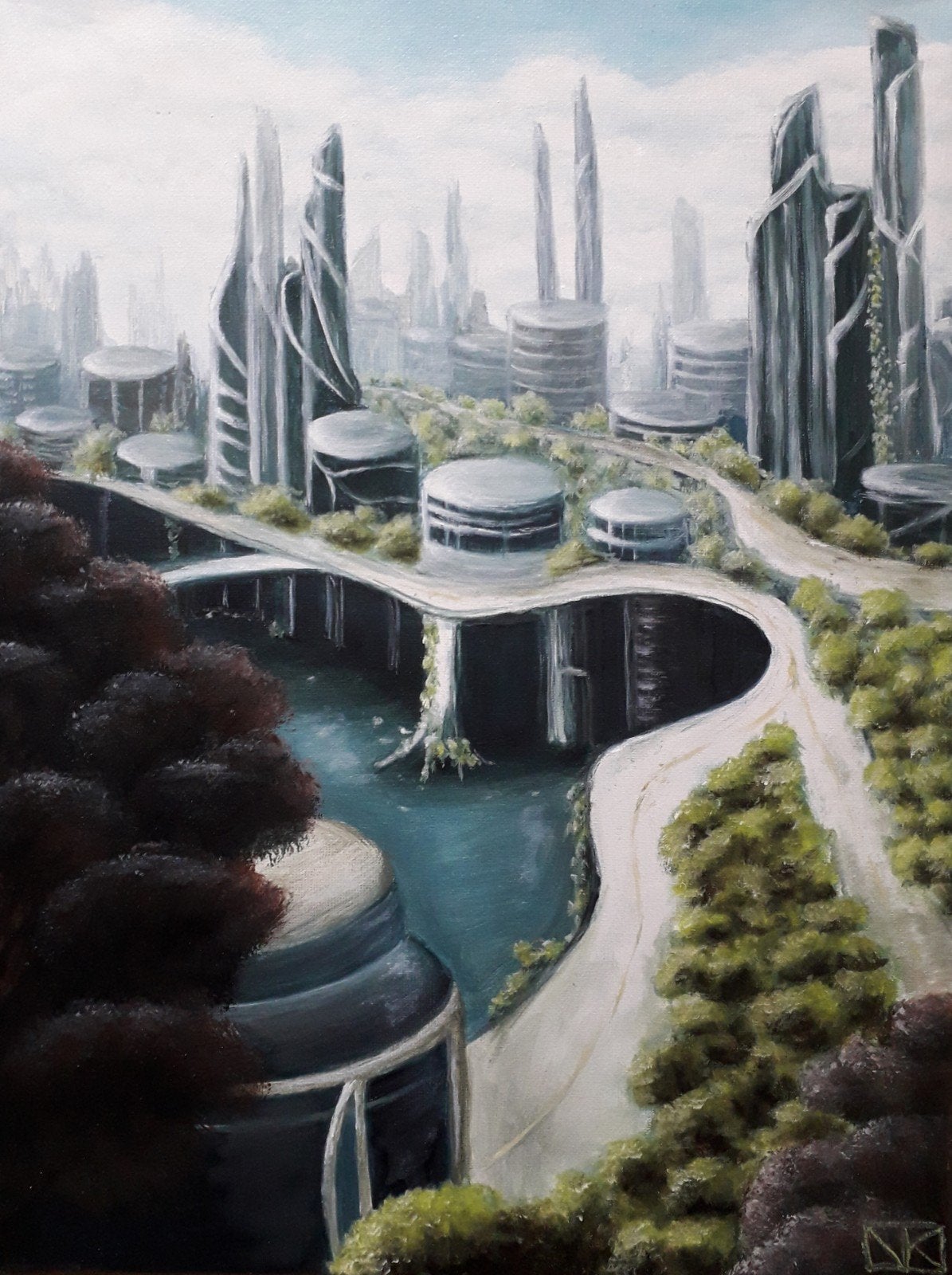 Futuristisch Stadsgezicht Olieverf Schilderij 30x40 cm, Antiek en Kunst, Ophalen of Verzenden