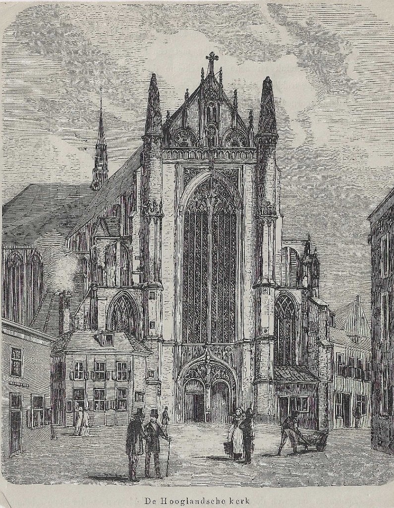 Leiden De Hooglandsche Kerk Houtgravure 1857, Antiek en Kunst, 18 cm, 1800 - 1899, Stadsgezicht, Ophalen of Verzenden