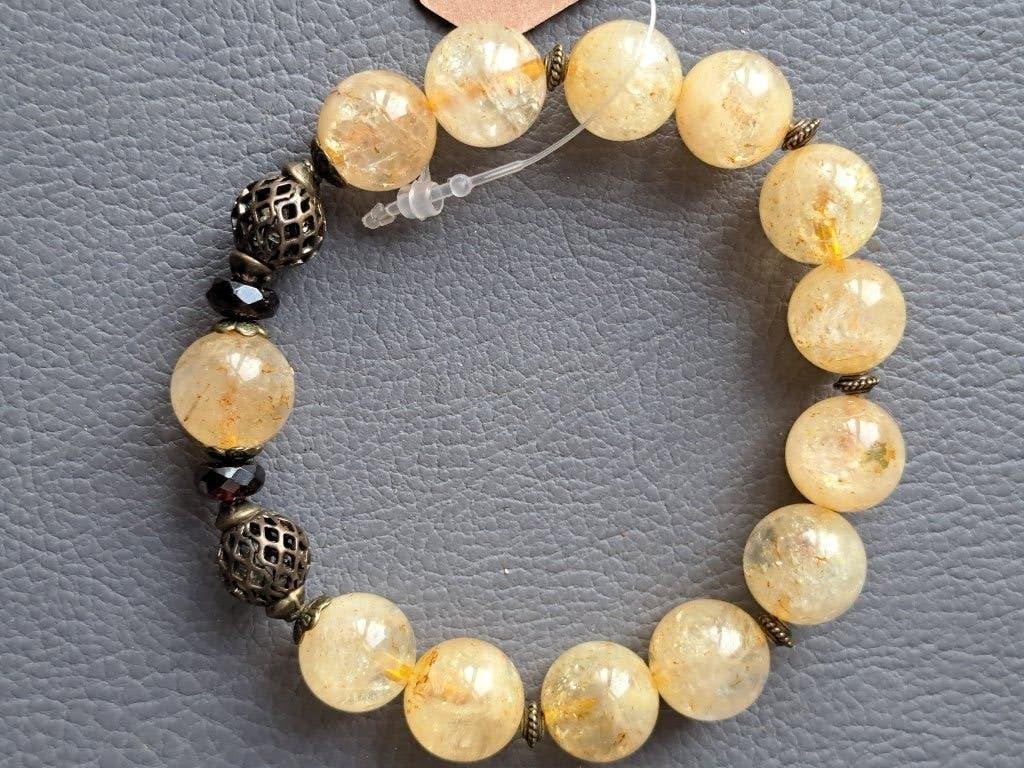 314 Edelsteen armband citrien 12mm met rode Granaat, Geel, Nieuw, Ophalen of Verzenden, Elastiek