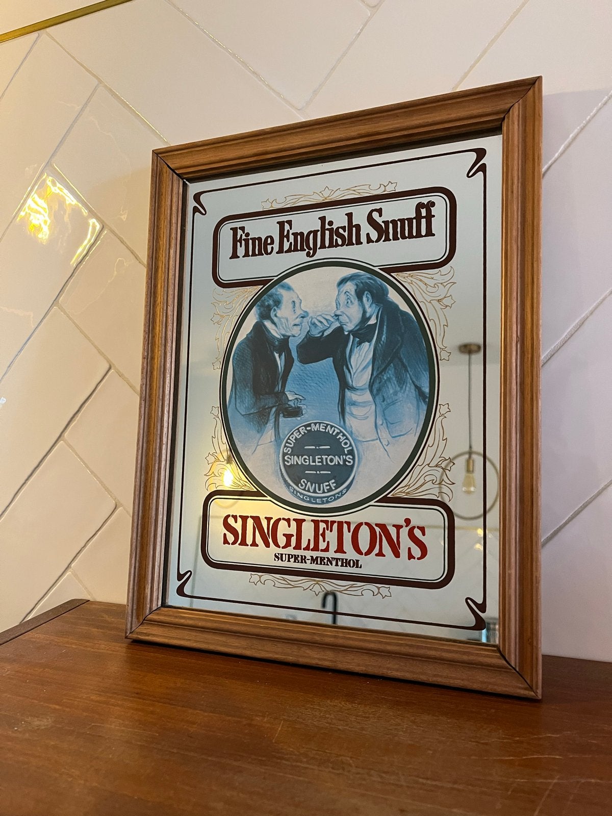 Vintage Reclamespiegel Singleton's Super-Menthol Snuff, Ophalen of Verzenden, Rechthoekig, Minder dan 50 cm, Minder dan 100 cm