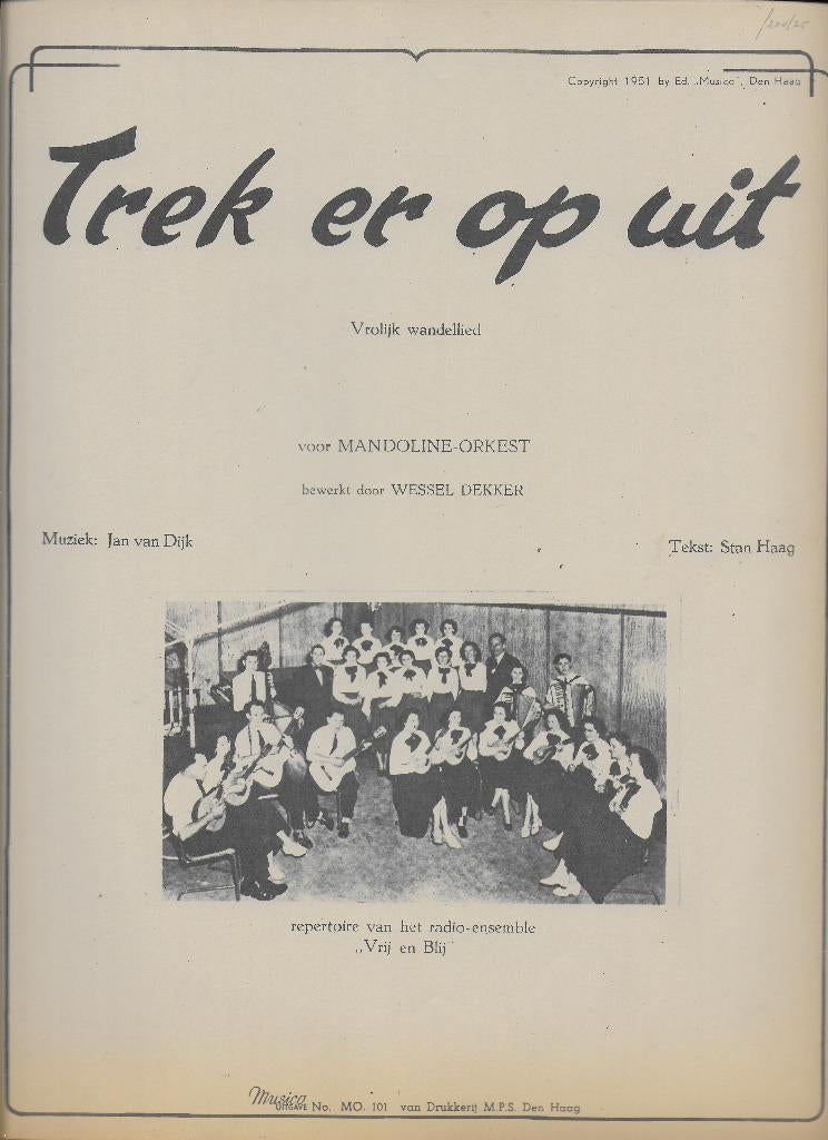 Bladmuziek: trek er op uit wandellied voor mandoline orkest, Gebruikt, Klassiek, Ophalen of Verzenden, Orkest