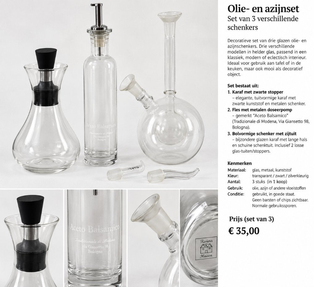 Set van 3 glazen olie- en azijnschenkers – Rivièra Maison ea, Ophalen of Verzenden, Riviera Maison, Glas, Overige typen