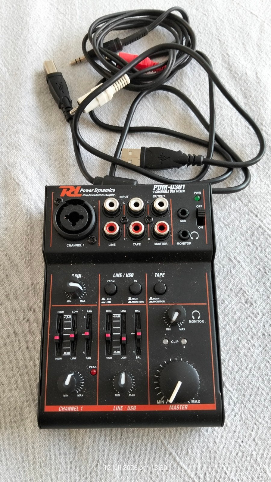 Power Dynamics PDM-D301 3-kanaals USB Mixer, Ophalen, Zo goed als nieuw, Minder dan 5 kanalen, Microfooningang
