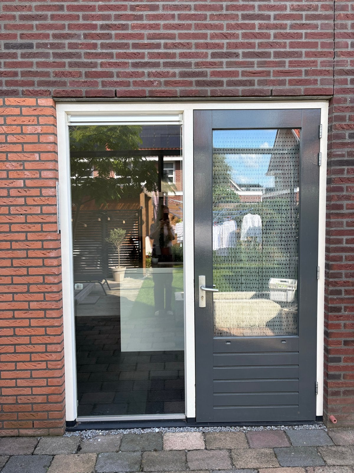 Houten kozijn met raam en deur, HR++ glas, 240x198cm, Ophalen, Gebruikt, Deurkozijn, 150 tot 225 cm
