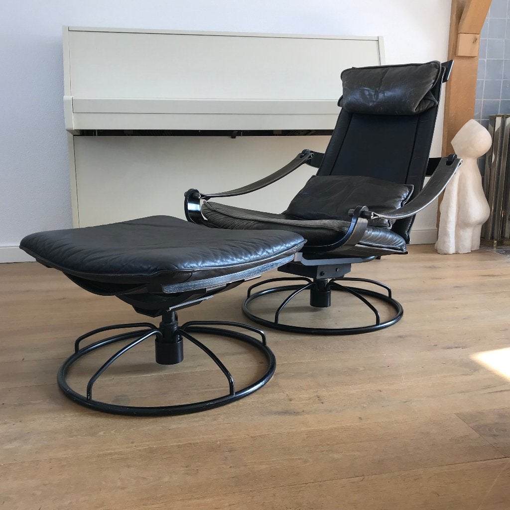 Vintage Nelo Sweden fauteuil en voetenbank Ake Fribyter, Ophalen, Gebruikt, 75 tot 100 cm, Nvt