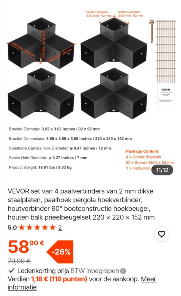 VEVOR Paalverbinders voor Pergola/Houtconstructie (4 stuks), Ophalen of Verzenden, Nieuw, IJzer, Overige typen