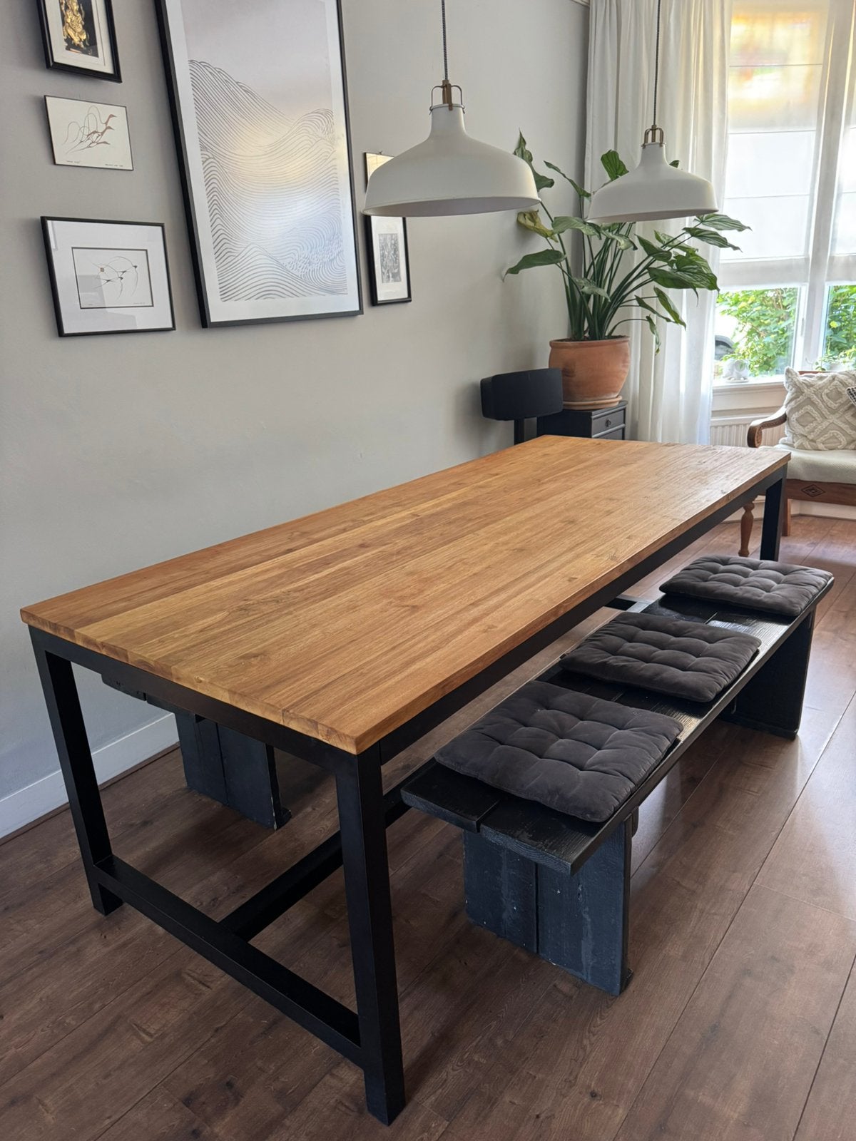 Teakhouten eettafel met stalen onderstel 2.20 x 95, Ophalen, Gebruikt, Teakhout, 50 tot 100 cm