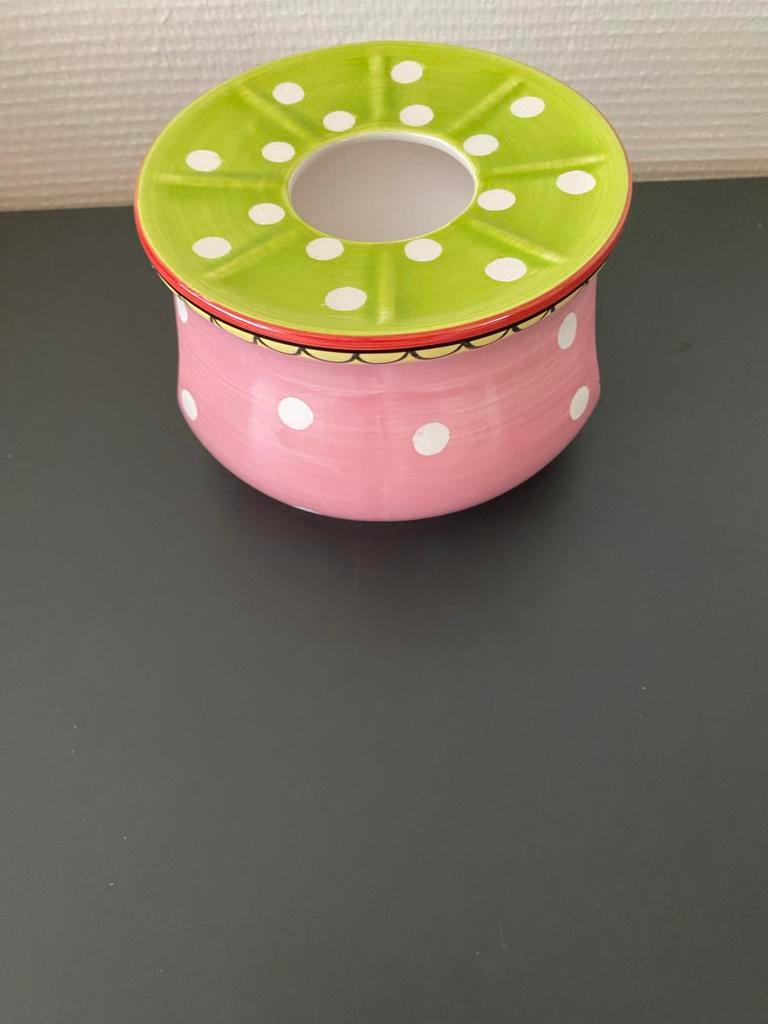 Blond Amsterdam theepot/theelicht roze/groen stippen, Ophalen of Verzenden, Zo goed als nieuw, Steen/keramiek, Meerkleurig