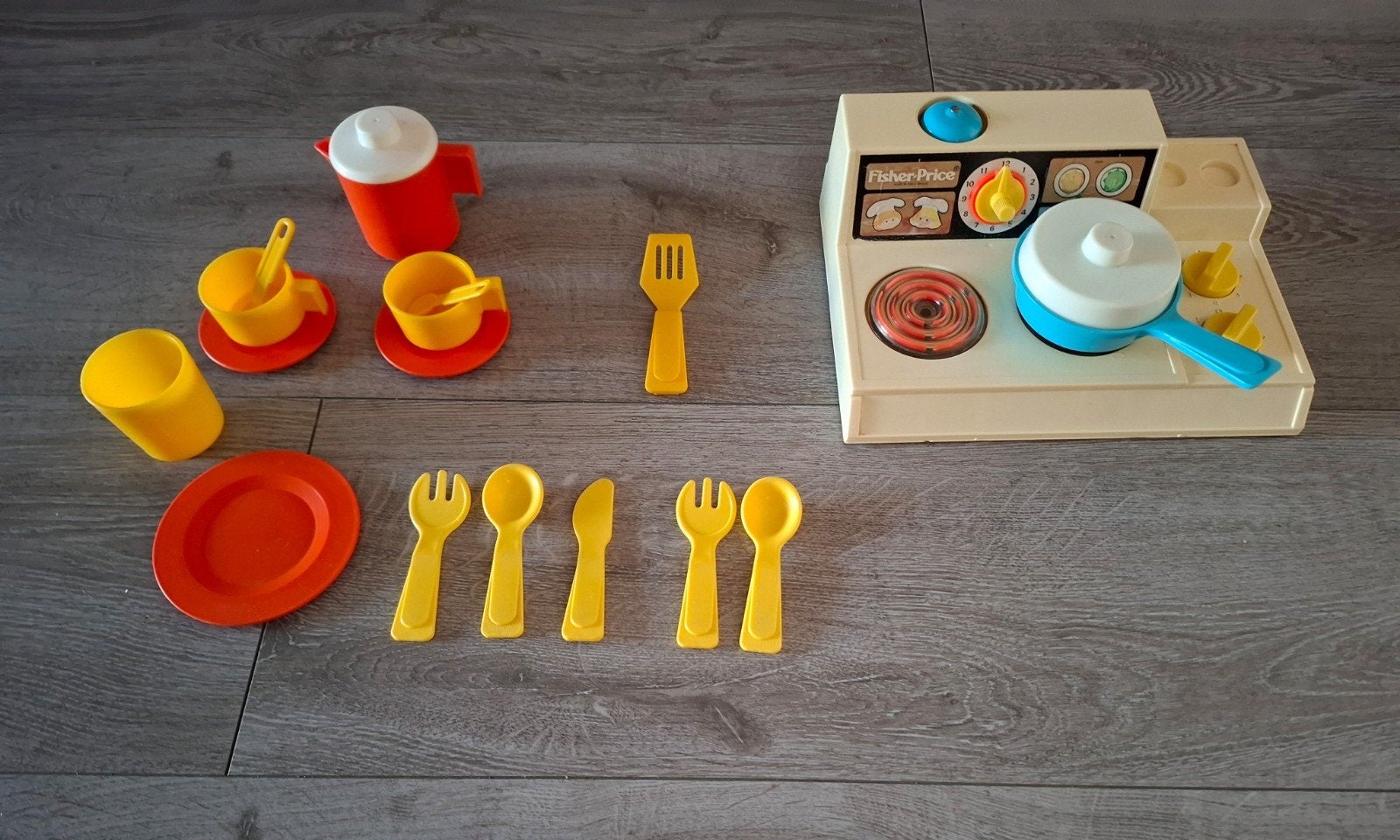 Fisherprice kookplaatje 1978 met spulletjes vintage, Ophalen, Gebruikt, Speelset