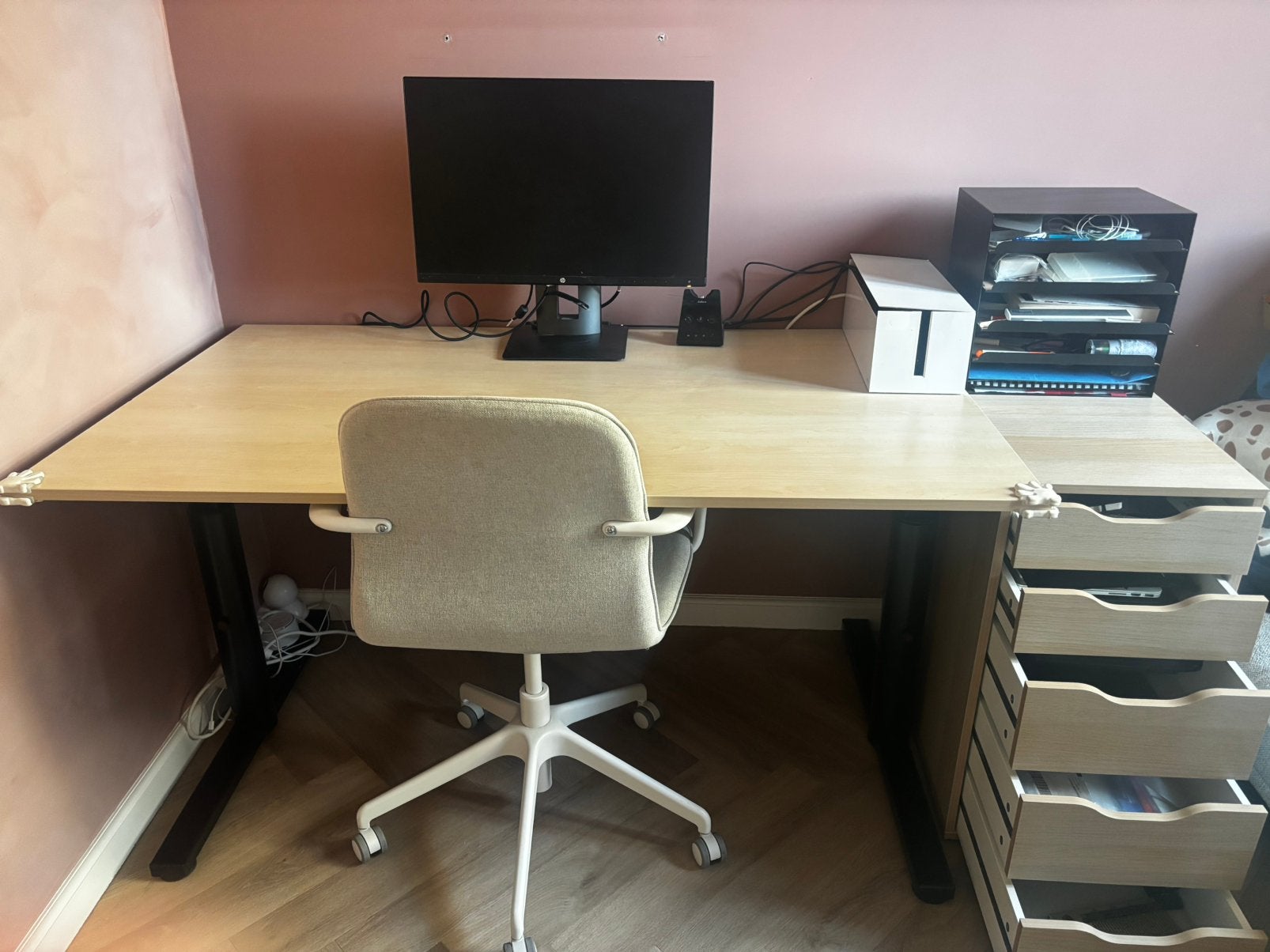 IKEA Bureau (Lagkapten/Alex) + Bureaustoel + Kabelgoot, Ophalen, Gebruikt, IKEA, In hoogte verstelbaar
