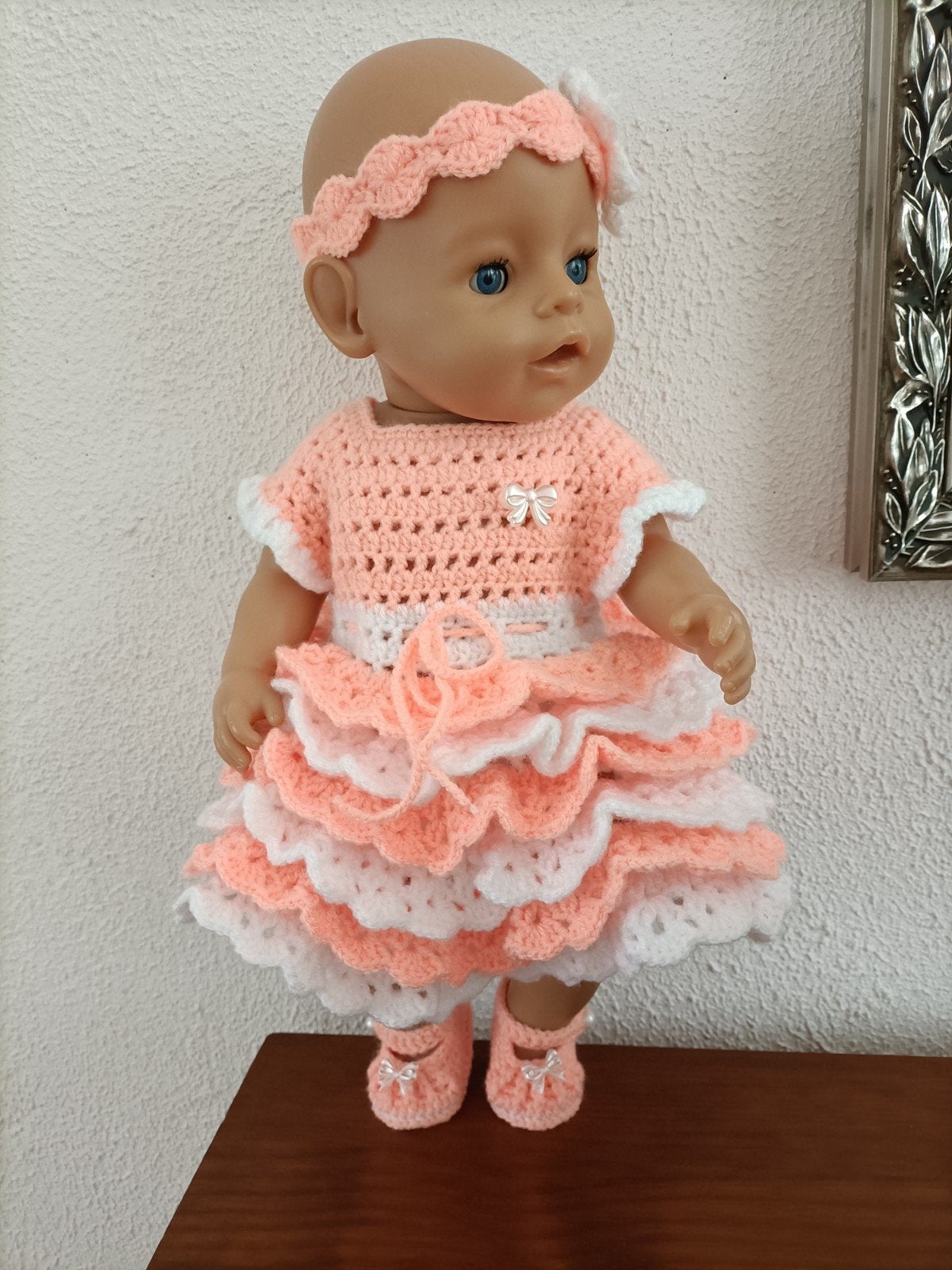 Gehaakte poppenkleding set voor babypop (jurk, schoentjes), Ophalen of Verzenden, Nieuw, Babypop