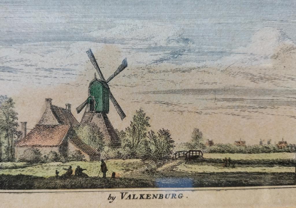 Valkenburg landschap molen oude antieke gravure schilderij, Antiek en Kunst, Ophalen of Verzenden