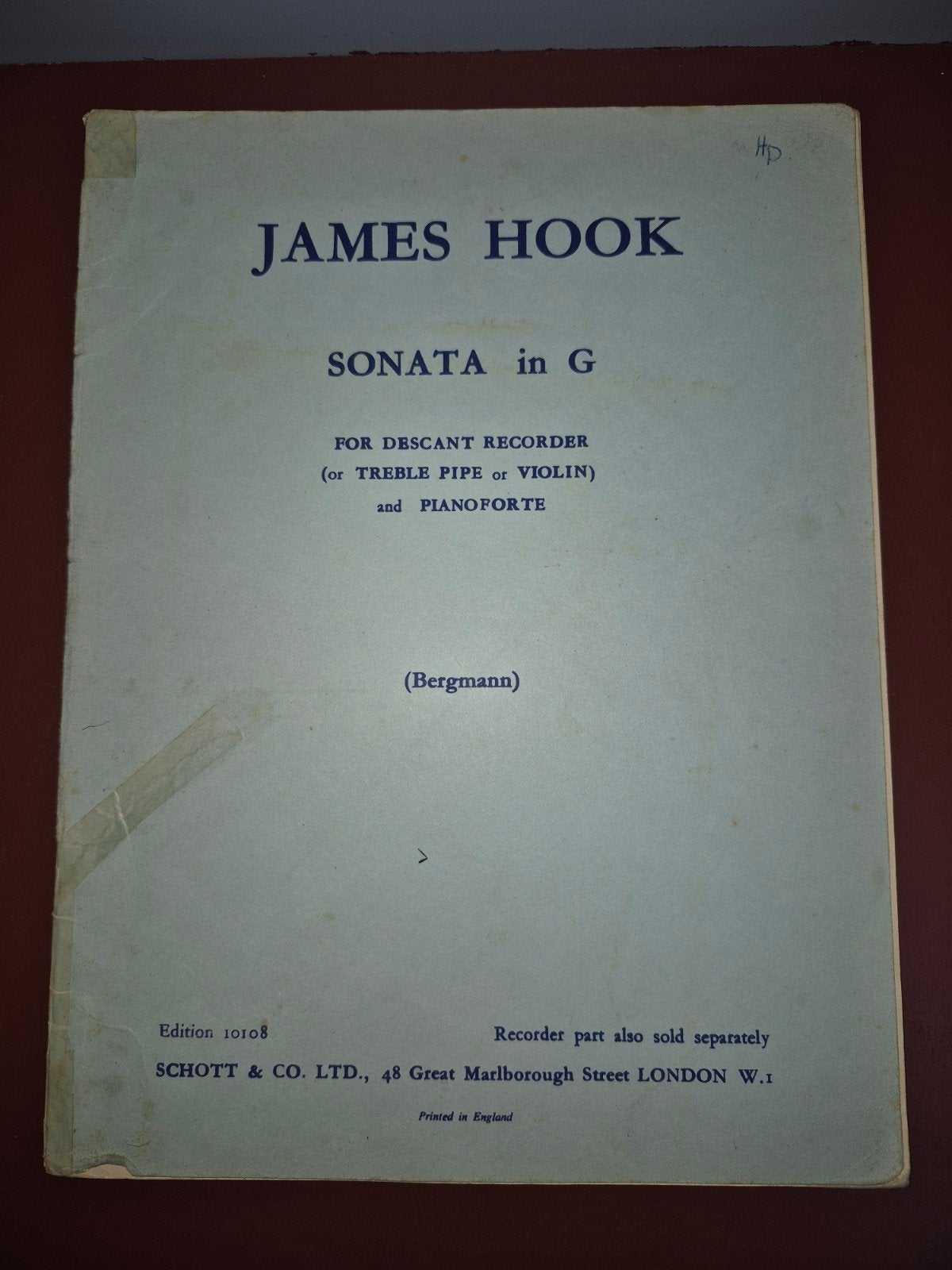 James Hook - Sonate in G voor blokfluit en piano, Gebruikt, Klassiek, Piano, Ophalen of Verzenden