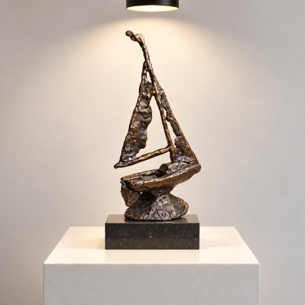 Abstract brons zeilbootje sculptuur, inscriptie W K, Ophalen, Brons