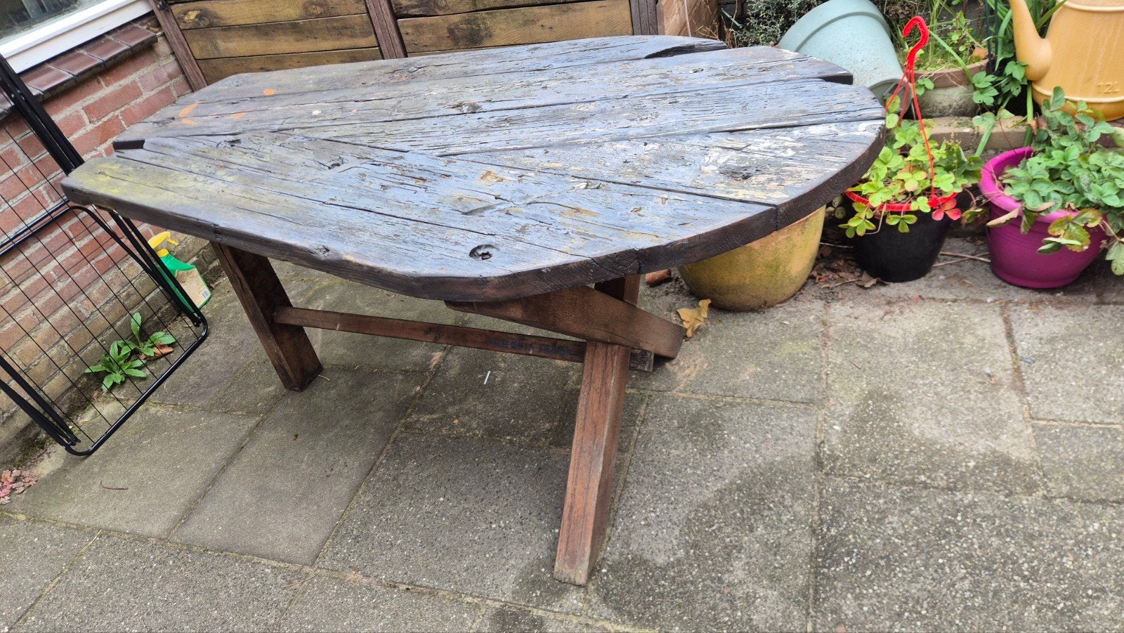 robuuste tuintafel 90x160, Ophalen, Gebruikt, Ovaal, Hout