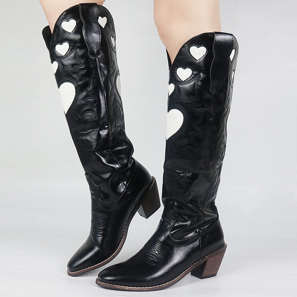 Hoge zwarte dames laarzen met hartjes / cowboy cowgirl boots, Verzenden, Nieuw, Zwart, Hoge laarzen