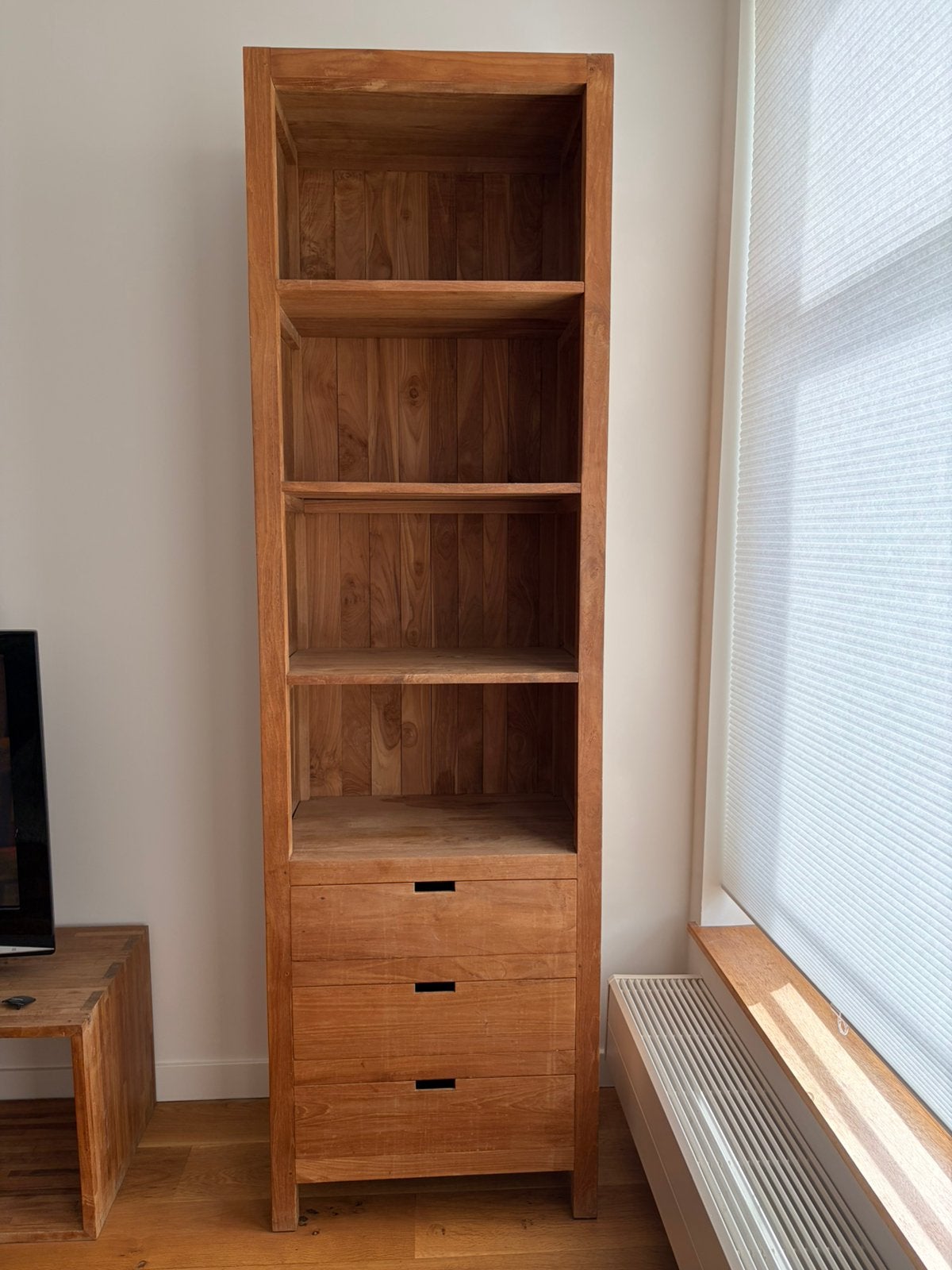 Teakhout boekenkast met 3 lades en 4 planken, Ophalen, 200 cm of meer, Teakhout, 50 tot 100 cm