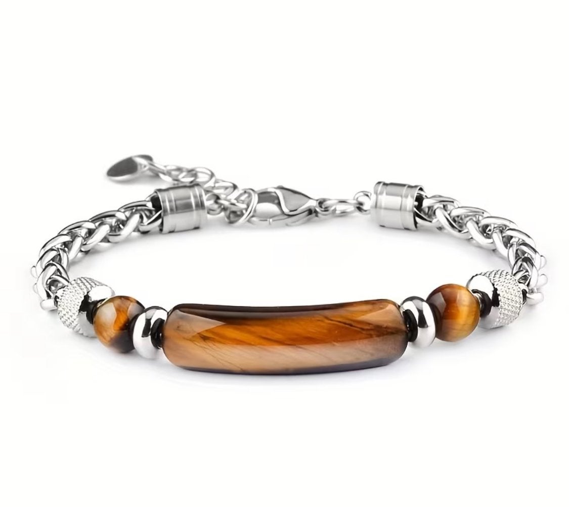 Herenarmband met Tijgeroog en Roestvrij Staal, Sieraden, Tassen en Uiterlijk, Armbanden, Staal, Bruin, Verzenden, Nieuw